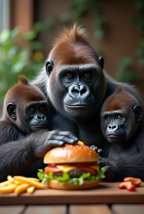 Gorilla father with his gorilaz children sitting at the table eating hamburger happy with, photo with the background showing
