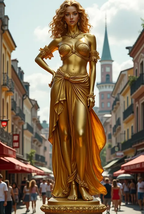 A golden statue of a woman standing with big curly hair and big eyes in a city with tourists