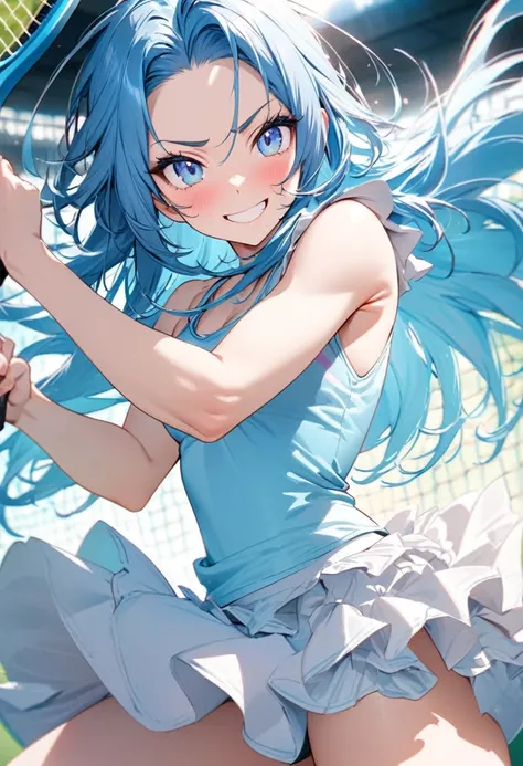 (Tennis Player style) (double exposure pastel color), (hand holding a detailed Tennis racket), (playing Smash Action pose), (solo:2, 15 yo) (beautiful forehead) (beautiful beautiful blue hair long hair) (immensely cute girl) (detailed cute blue eyes) (best...