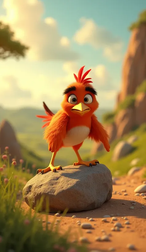 3D pixar style,After some time, show the bird continuing to push the rock. The rock slowly moves away from the lions paw. The scene emphasizes the bird’s persistence and effort.