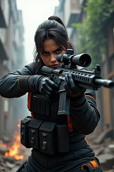 Imagine a Free Fire character in an action pose, holding a sniper rifle with precision. Wear modern tactical attire, with dark colors and bright details, ready to shoot. The background could be a ruined cityscape or a jungle., adding a sense of danger and ...