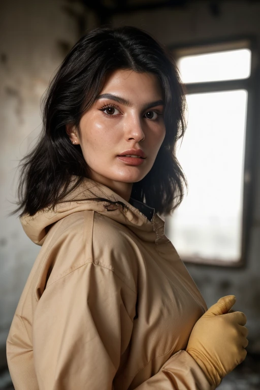 (shot from a Dutch angle, closeup on face:1.2) photo of YaelAris wearing makeup and with black hair, she is wearing hazmat suit , she is wearing gloves, her hair is styled as soft waves hair, BREAK she is (exploring an abandoned building:1.1), (hard lighti...