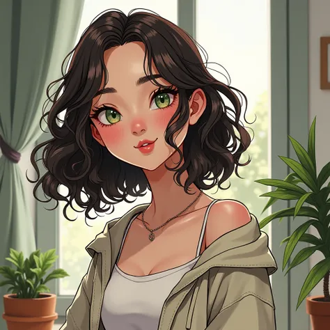 A girl with an angelic face, age seventeen. 
 skin fair, curled hair! short dark brown, clear green eyes, 
with modern clothes delicate and cute/sporty chic. shy, 

(Realistic comic style)