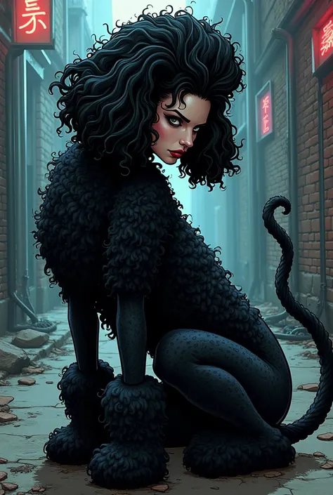 A goth woman turning into a black standard poodle in comic