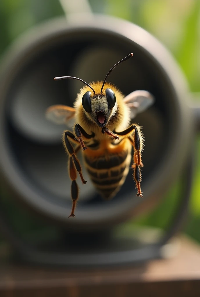 A bee screaming in front of a fan