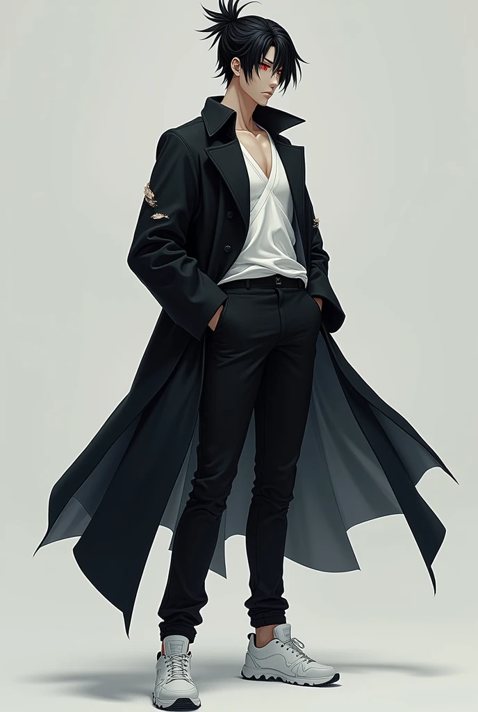 18 year old boy, 1,86 meters high, styled "Bleach", Caucasian skin, Eyes red, black hair tied up, Korean appearance, black overcoat torn at the ends, black pants, White sneakers