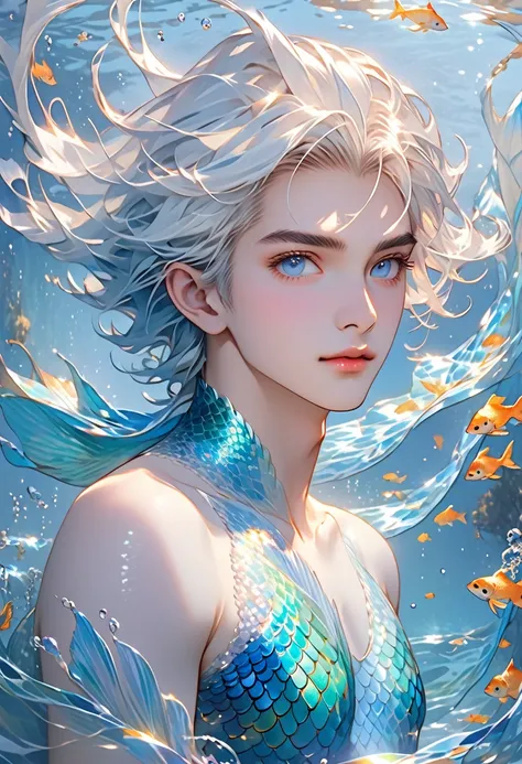 "A breathtakingly beautiful, androgynous male merman floats gracefully before us, his presence both ethereal and captivating. His long, flowing white hair dances in the currents, framing a face of delicate, androgynous beauty. His eyes are a mesmerizing sa...