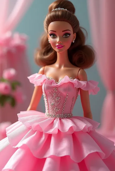 Barbie with light brown hair and green eyes, wearing a 80s pink prom dress. 