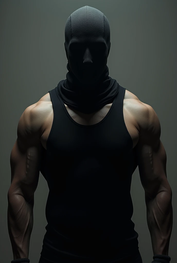 Character with mask covering the entire face and a tight black tank top