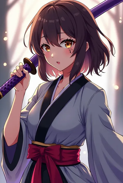 Generates a girl from the anime kimetsu no yaiba with medium brown hair and brown eyes and a scar on her right eye, she is 17 years old with her demon slayer uniform and her gray haori with black edges and with her purple and white katana