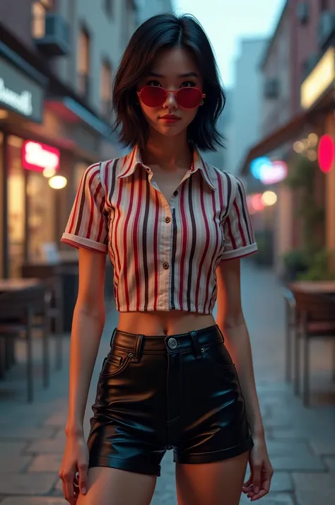 a short-sleeved, collared, button-down shirt with vertical stripes. The shirt is fitted and short, revealing the waist. paired with short, tight black leather shorts, red oval glasses, and a black har