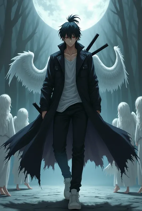 18 year old boy, 1,86 meters high, anime styling "Bleach", Caucasian skin, Eyes red, black hair tied up, Korean appearance, black overcoat torn at the ends, black pants, White sneakers, black katana, several angels afraid to come close 