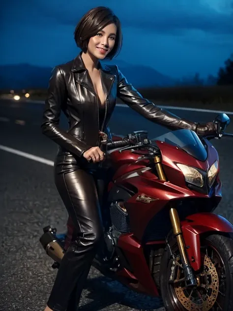 smile、Elegant adult woman、Short Bob Hair、Long sleeves and pants、Brown racing leather suit、Riding a motorcycle on the road