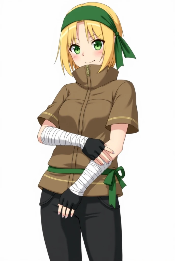 Naruto Style, Short blonde hair, Sharingan eyes, green bandana, Brown short sleeve jacket, bandages on the arms, black fingerless gloves, black pants, green ribbon on her waist, anime, 4k, White background