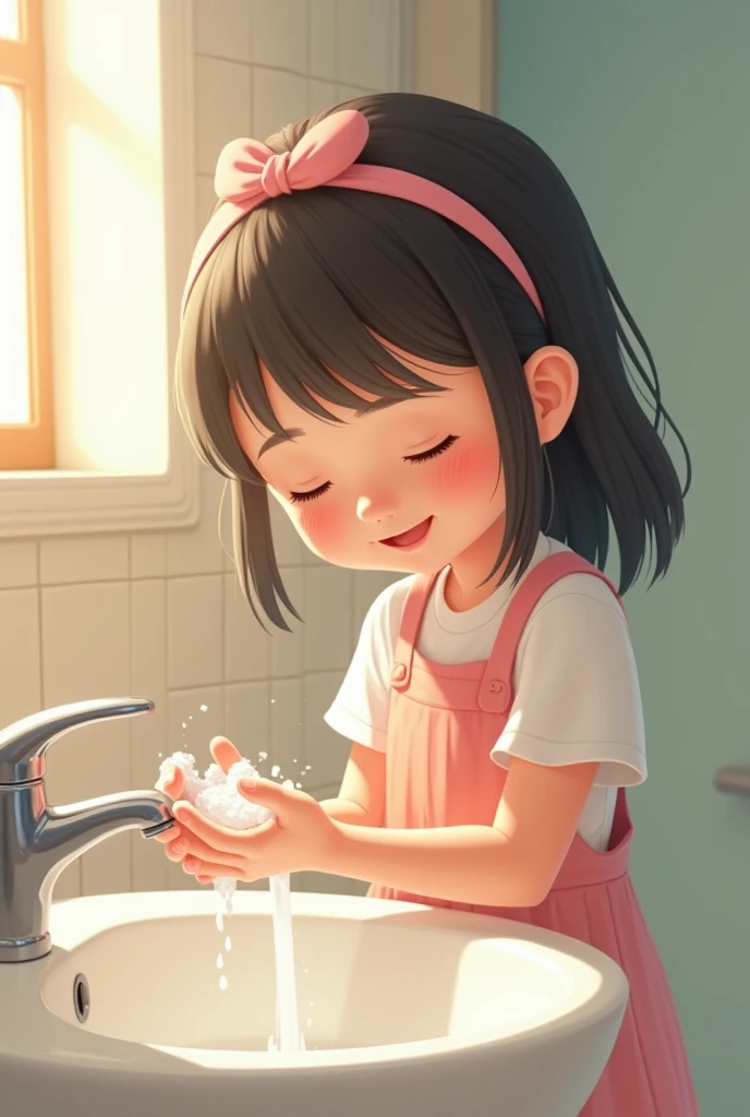 Girl washing hands liquid soap