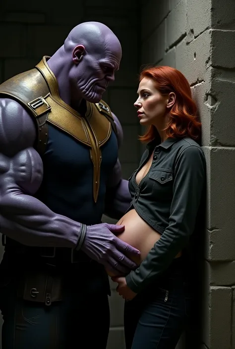 In a dimly lit room, Thanos, a large and imposing figure with a grim expression, is standing close to Natasha Romanov, a young woman with red hair. Natasha is leaning against a cold stone wall, her shirt slightly lifted to expose her bare abdomen. Thanos a...