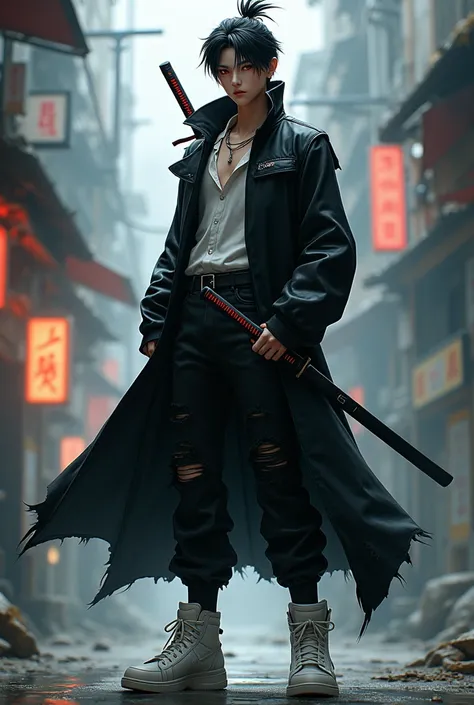 18 year old boy, 1,86 meters high, anime styling "Bleach", Caucasian skin, Eyes red, black hair tied up, Korean appearance, black overcoat torn at the ends, black pants, White sneakers, black katana, cyberpunk scenario 