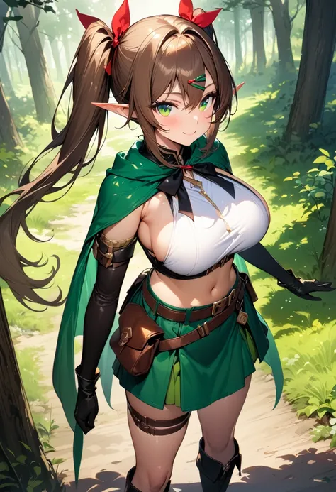 (masterpiece),(best quality),(ultra-detailed),(best illustration),(best shadow),(absurdres),(detailed background),(very aesthetic), 1girl, solo, pointy-ears, ((brown-hair)), green-eyes, gloves, boots, twintails, skirt, elbow-gloves, hair-ornament, navel, l...