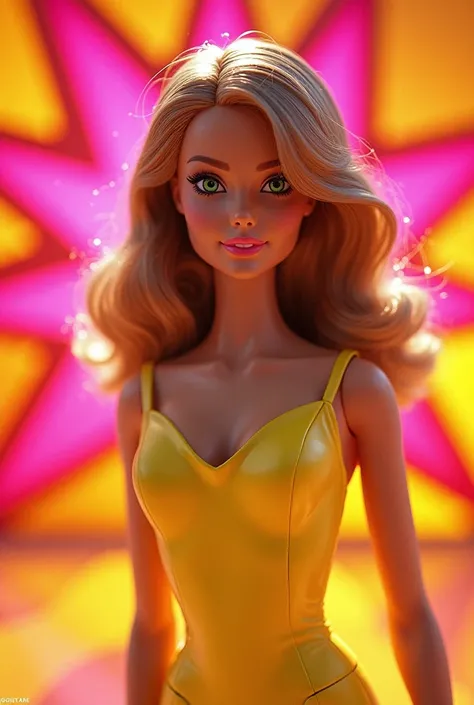 1970s superstar Barbie with light brown hair and green eyes waering a yellow 1970s dress. In the background there is a pink and orange star and a pink, orange, and yellow, beam