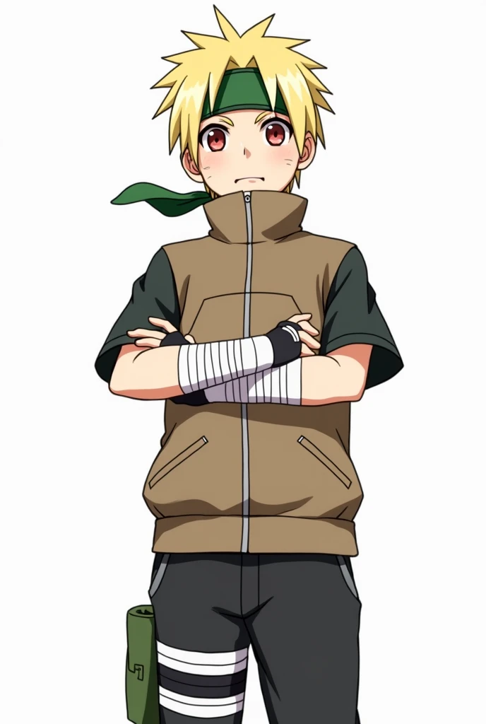 Naruto Style, Whole body, man, Short blonde hair, Sharingan eyes, green bandana, Brown short sleeve jacket, bandages on the arms, black fingerless gloves, black pants, green ribbon on her waist, anime, 4k, White background