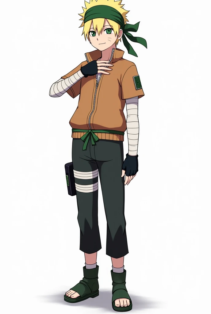 Naruto Style, Whole body, man, Short blonde hair, Sharingan eyes, green bandana, Brown short sleeve jacket, bandages on the arms, black fingerless gloves, black pants, green ribbon on her waist, anime, 4k, White background