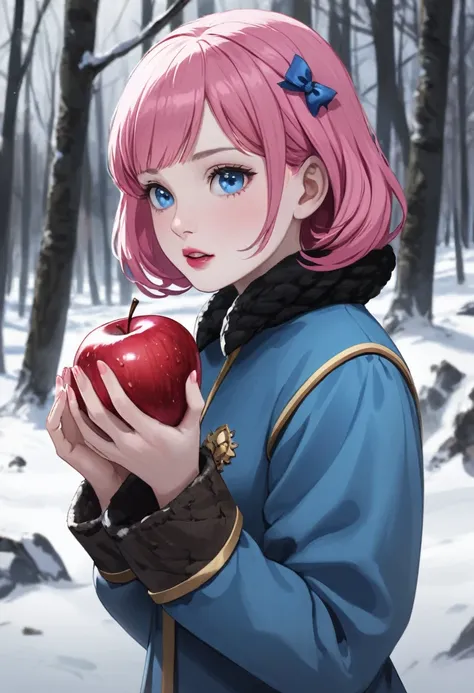 Holding a poisonous apple in one hand、Dead Snow White、Girl with pink hair、blue eyes、Twin Drill、A scene from a movie