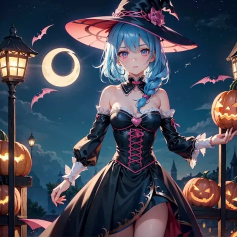 (Sky blue hair), (Pink Eyes),Fair skin) ,(whole body),(One Girl),(Crescent Moon),(There are lots of pumpkin ghosts in the background),(If you dont give me sweets, Ill play a prank on you.),Halloween Night Party),(masterpiece, Highest quality, Very detailed...