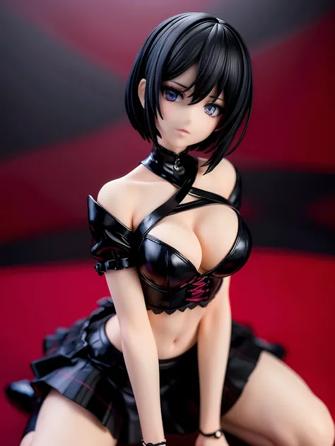 a woman with short black hair, cabelo nos ombros,  wearing a black cropped and plaid skirt, blue colored eyes, gothic art, sensual aesthetics with vibration, wearing red costume, using gothic accessories, on his knees  ,black white background