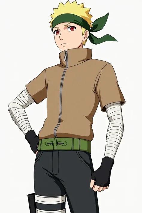 Naruto Style, Whole body, man, Short blonde hair, red eyes, green bandana, Brown short sleeve jacket, bandages on the arms, black fingerless gloves, black pants, green ribbon on her waist, anime, 4k, White background