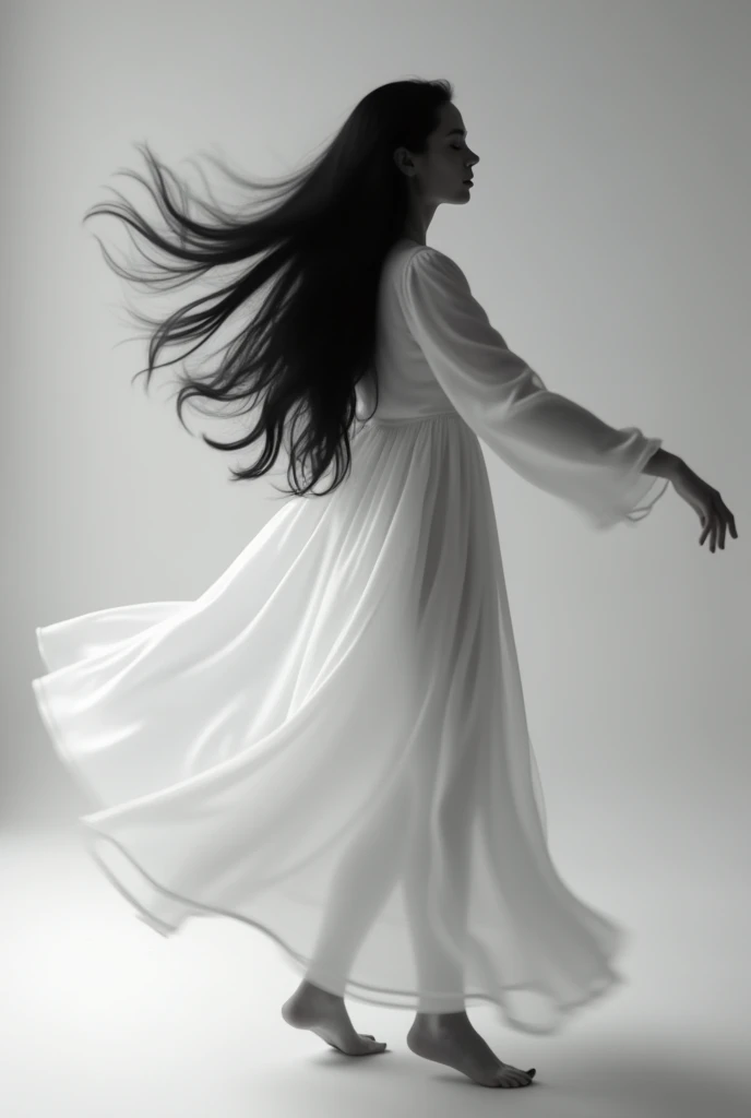 (photorealism:1.2), A woman with long black hair wearing a white flowing dress is dancing and twirling in front of a blank studio backdrop. Use natural lighting and black and white 35mm Film. Use a slow shutter speed to make a ghostly artistic in camera mo...