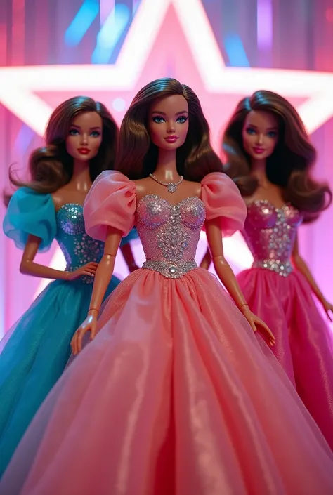 Three 1980s prom queen Barbie waering 1980s puffed  sleeved dresses. All barbies have beown hair. In the background there is a pink and white star and a pink, white, and blue, beam