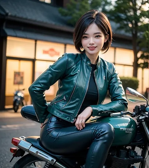 ((best quality)), ((masterpiece)), ((perfect face))、（Detailed Motorcycle）、Detailed and clear photos、((Motorcycle Women))、slender body、((Blue-green riding jacket and leather pants))、smile、((posing next to a motorcycle))、short hair
