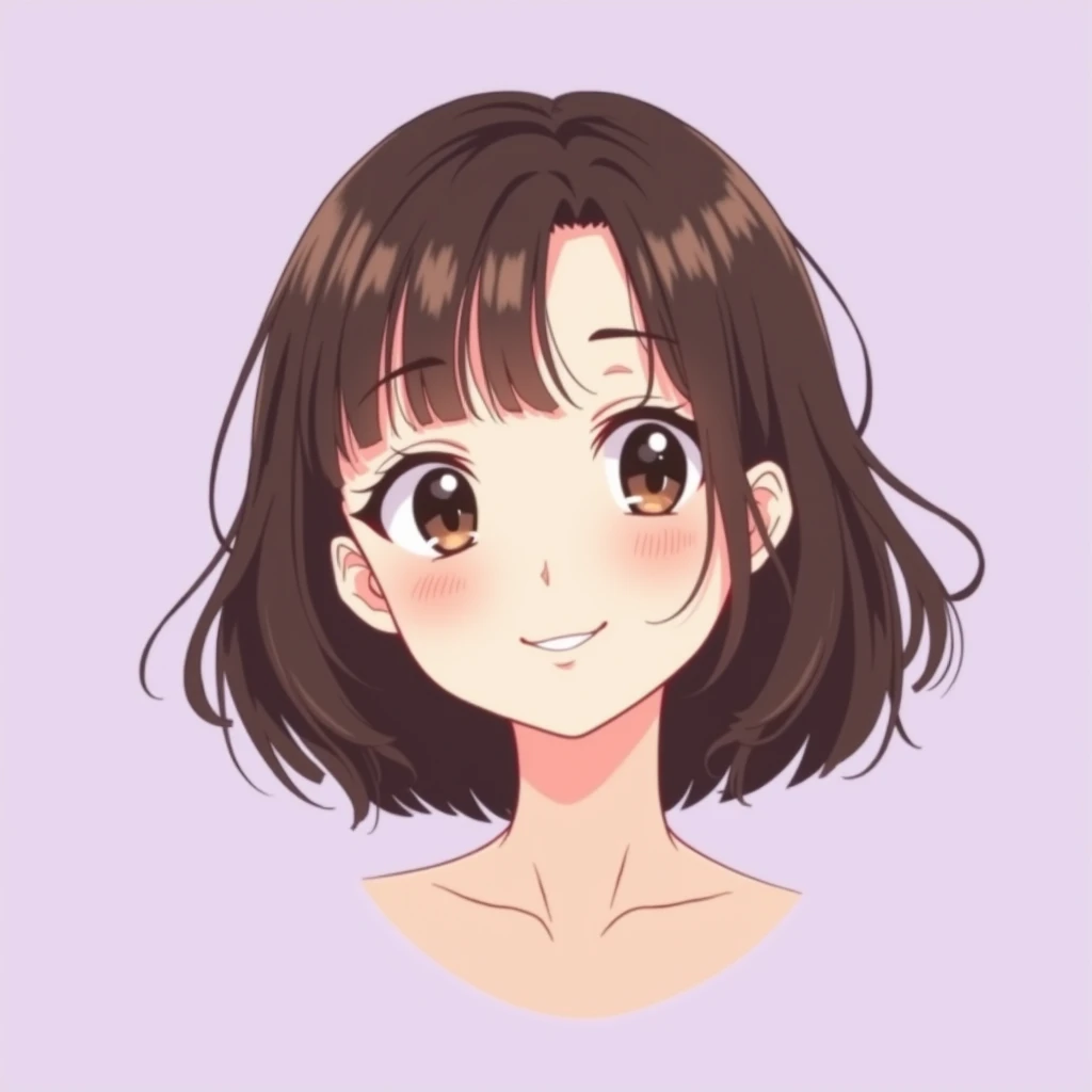 Gentle, smiling, cute, fair skin, bob hair, woman in her 20s, anime-style illustration, light purple background
