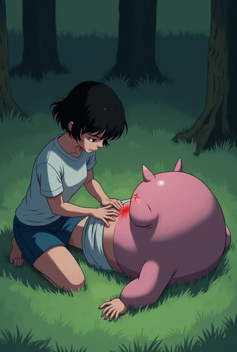 In a quiet, secluded area with soft grass on the groundfreezee, with his round and pink appearance, is kneeling next to Videl, a young woman with short black hair. Videl is lying on her back, her shirt lifted to expose her bare abdomen. Freezer is meticulo...