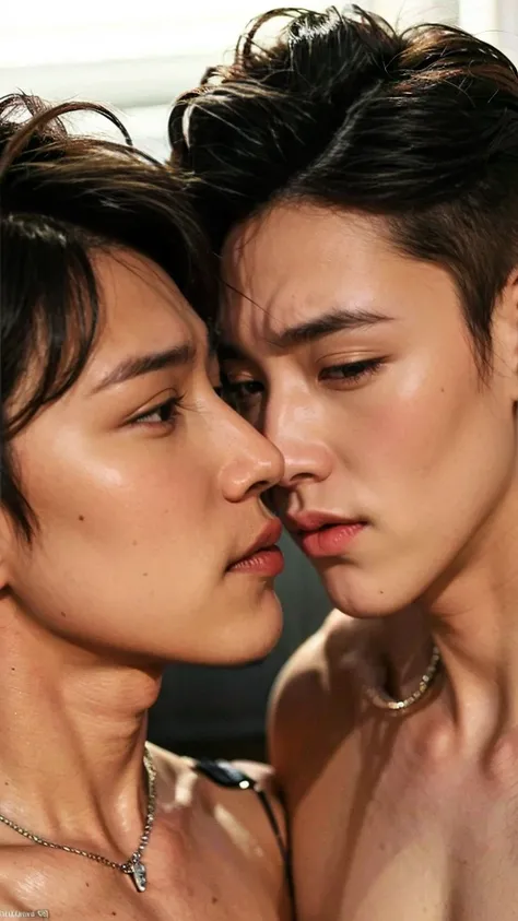 best quality, masterpiece, 8K, HD, two men, two males, close up of 25 year-old korean men, kissing passionately, masculine, stylish hair, tears streaming down face, sexy, gay, homoerotic, cyberpunk style, vibrant colors, intrictae details, perfection