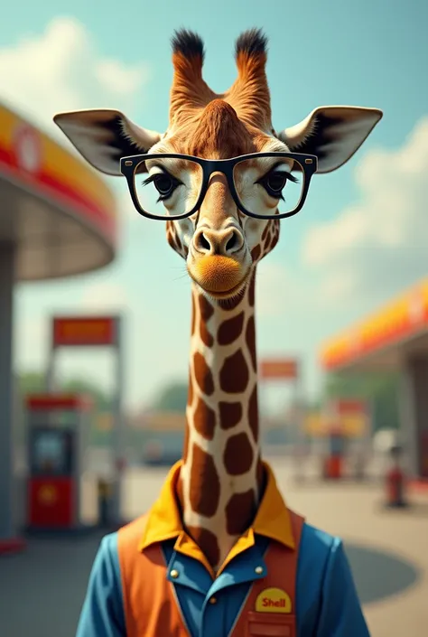 A giraffe with glasses and a shell gas station uniform