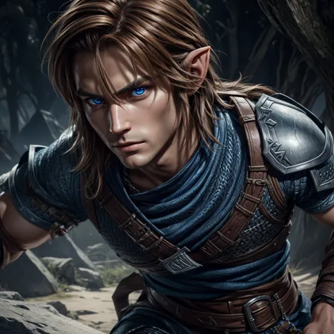 Very detailed, Ultra-realistic digital portrait of Link from The Legend of Zelda, Very detailed顔の特徴, Piercing blue eyes, Sharp jawline, disheveled brown hair, Confident expression, Exquisite Chainmail Armor,