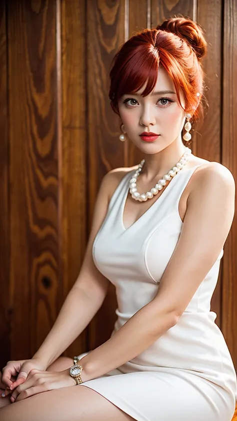 ((masterpiece, Best Quality)),(complex lighting) ,Whole body, Alone, Wilma Flintstone, Red hair, Horse tail, White dress, Pearl Necklace, lipstick,