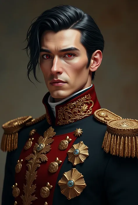 A handsome noble duke with black hair and red eyes in a black military noble outfit, fair skin and a neutral look