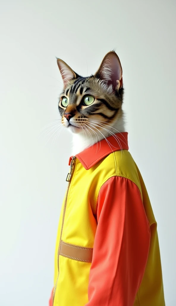 The best mobile wallpaper, Award winning wallpaper, portrait photography, In the front view there is a portrait of a cute cat with light green eyes , dressed in 1960s mid-century space age clothing., side view shot, shot with canon EOS R5, Establish a mark...