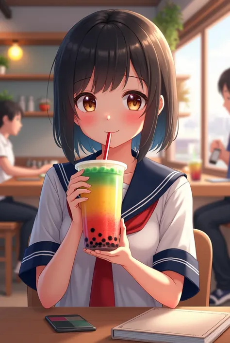 A high school student in a sailor suit sipping a tapioca drink