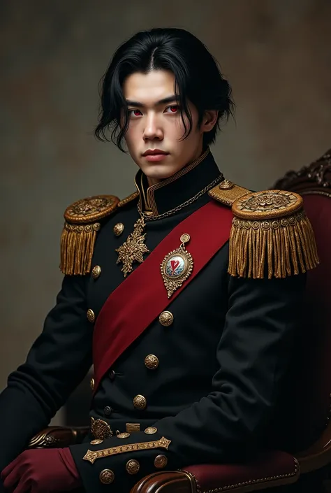 A handsome noble duke with black hair and red eyes in a black military noble outfit, fair skin and a neutral look with a 20 year old appearance