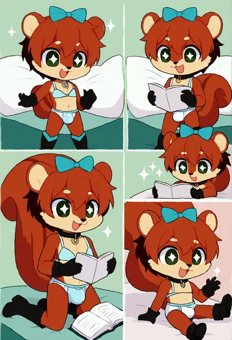 boy, squirrel, furry, bodyfur, tail, collar, bra, bottomless, gloves, boots, chibi, sparkling eyes, idol, hair bow, happy, full body, diapers, bed, bulge, lying, reading comic