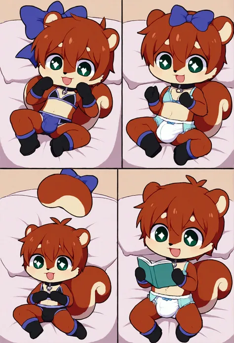 boy, squirrel, furry, bodyfur, tail, collar, bra, bottomless, gloves, boots, chibi, sparkling eyes, idol, hair bow, happy, full body, diapers, bed, bulge, lying, reading comic