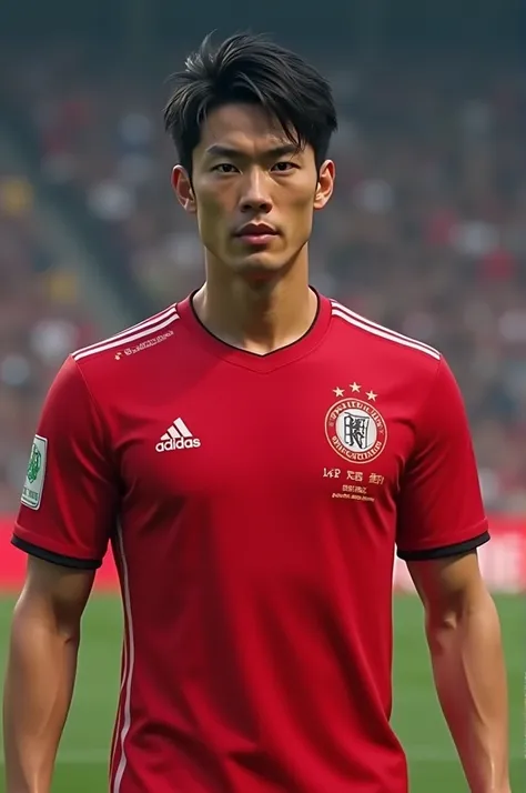 A handsome Japanese man in a red soccer uniform