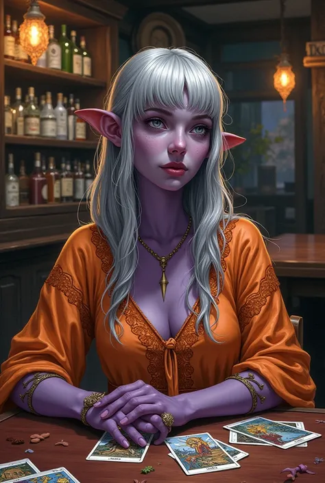 (Ultra-detailed face, looking away, Fantasy Illustration with Gothic, Ukiyo-e, Comic Art, Rich colors), 
BREAK 
(This is a world where medieval Europe meets the world of Eberron. Customers are relaxing, drinking, and eating in bars. In a corner of the bar,...