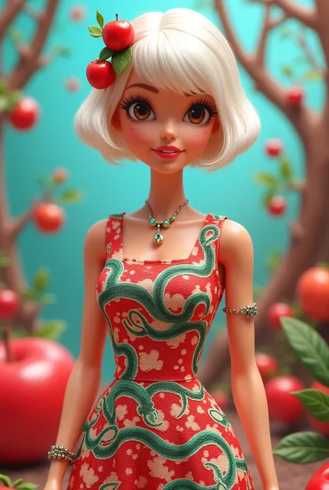 Barbie cartoon with brown eyes wearing a dress with snakes and apples ,short white hair