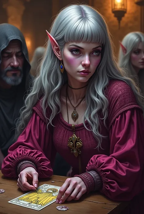 (Ultra-detailed face, looking away, Fantasy Illustration with Gothic, Ukiyo-e, Comic Art, Rich colors), 
BREAK 
(This is a world where medieval Europe meets the world of Eberron. Customers are relaxing, drinking, and eating in bars. In a corner of the bar,...