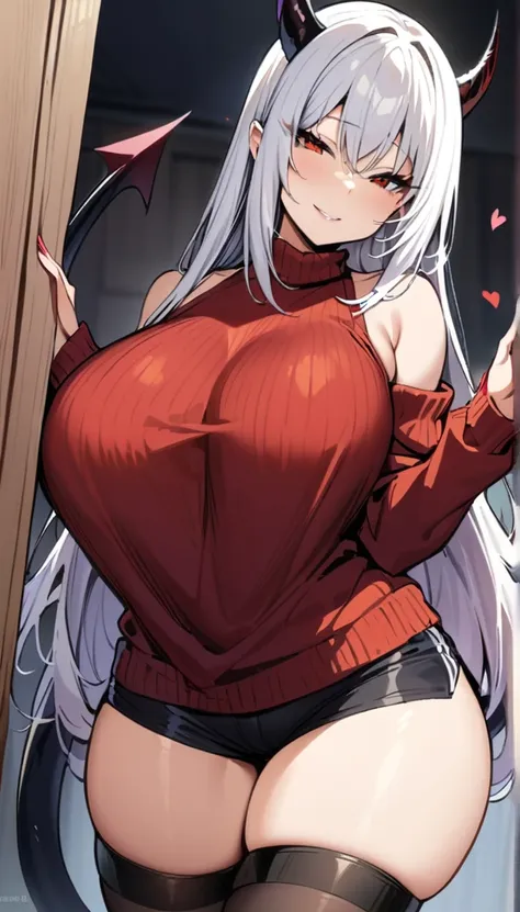 ((best quality)), ((masterpiece)), (detailed), 1 girl, long white hair, black horns, red eyes with hearts, big breasts, big thig...