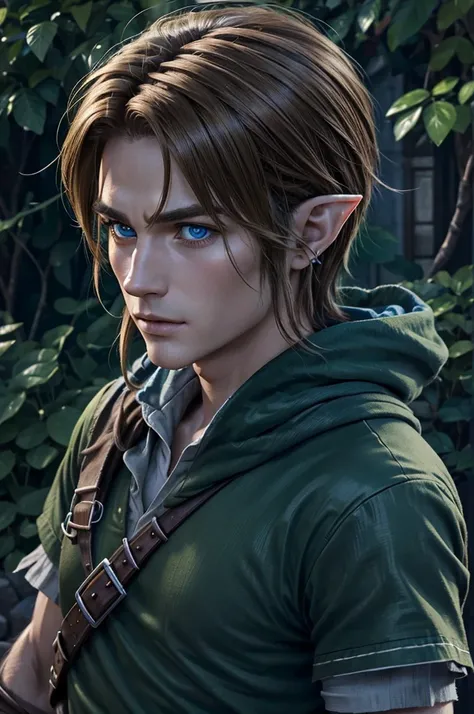 Very detailed, Ultra-realistic digital portrait of Link from The Legend of Zelda, Very detailed顔の特徴, Piercing blue eyes, Sharp jawline, disheveled brown hair, Confident expression, Green-themed elf clothing